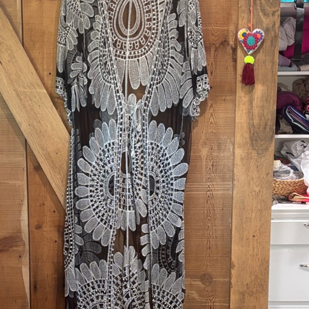 Women's Black Lace Floral Swim Coverup